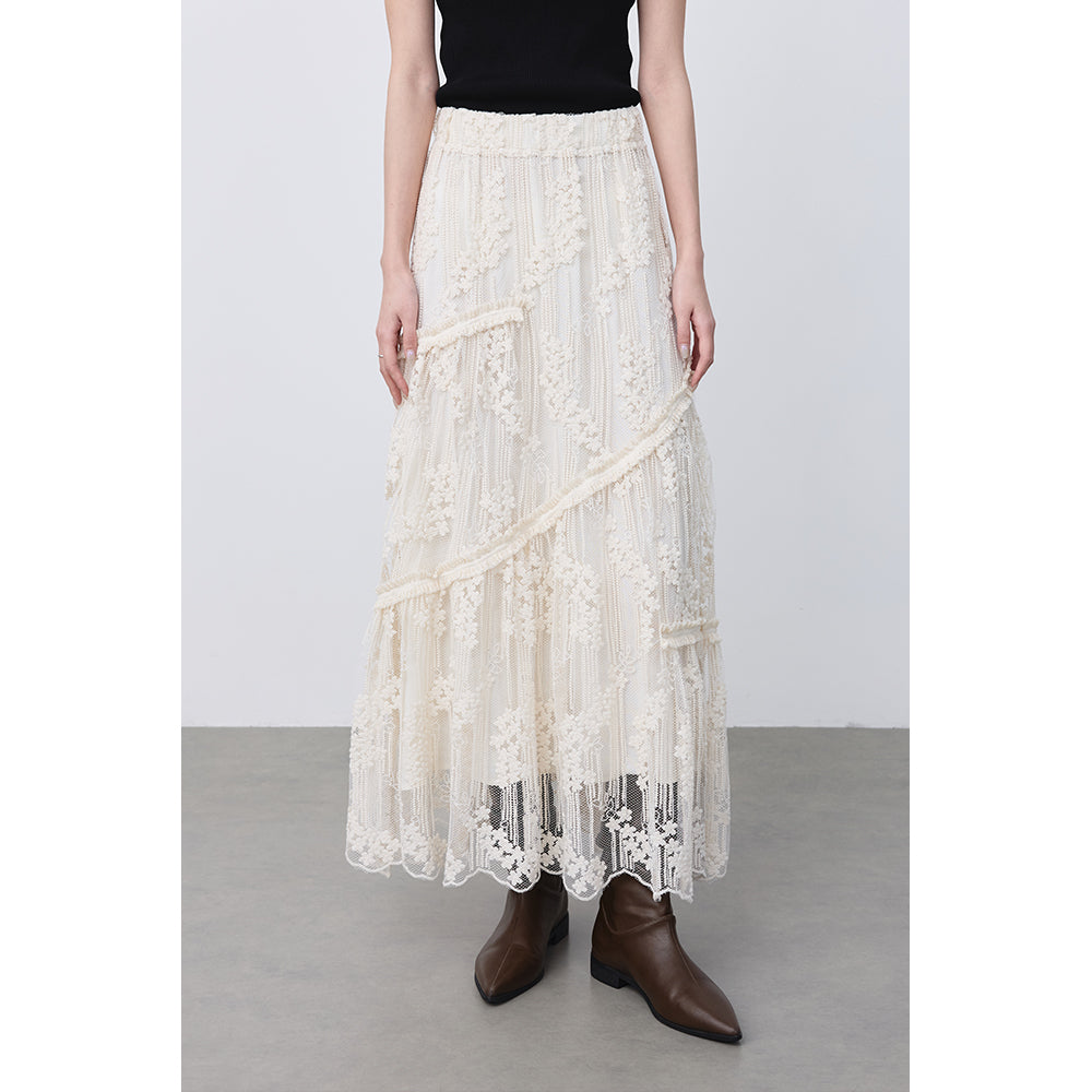 French Romantic Lace Hollow Skirt with Heavy Embroidery | Autumn Elegant A-Line Midi Skirt
