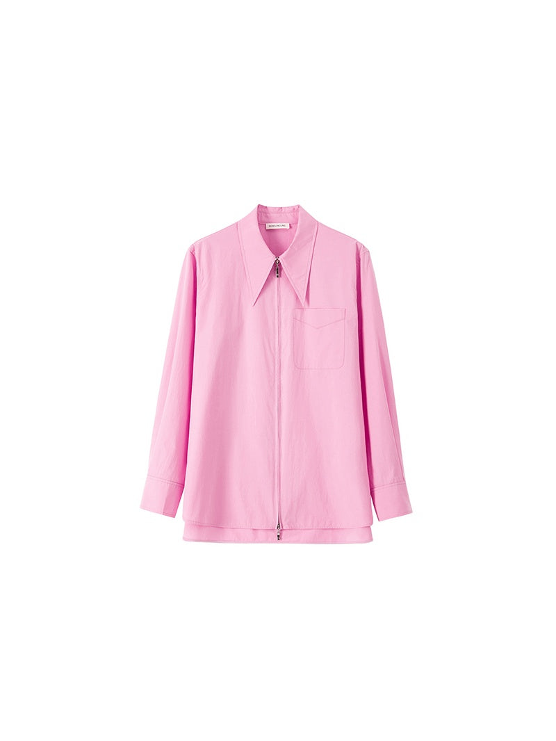 Double Zipper Sharp-Collar Shirt | High-Density Slim Fit Paper-Feel Commuter Blouse for Women