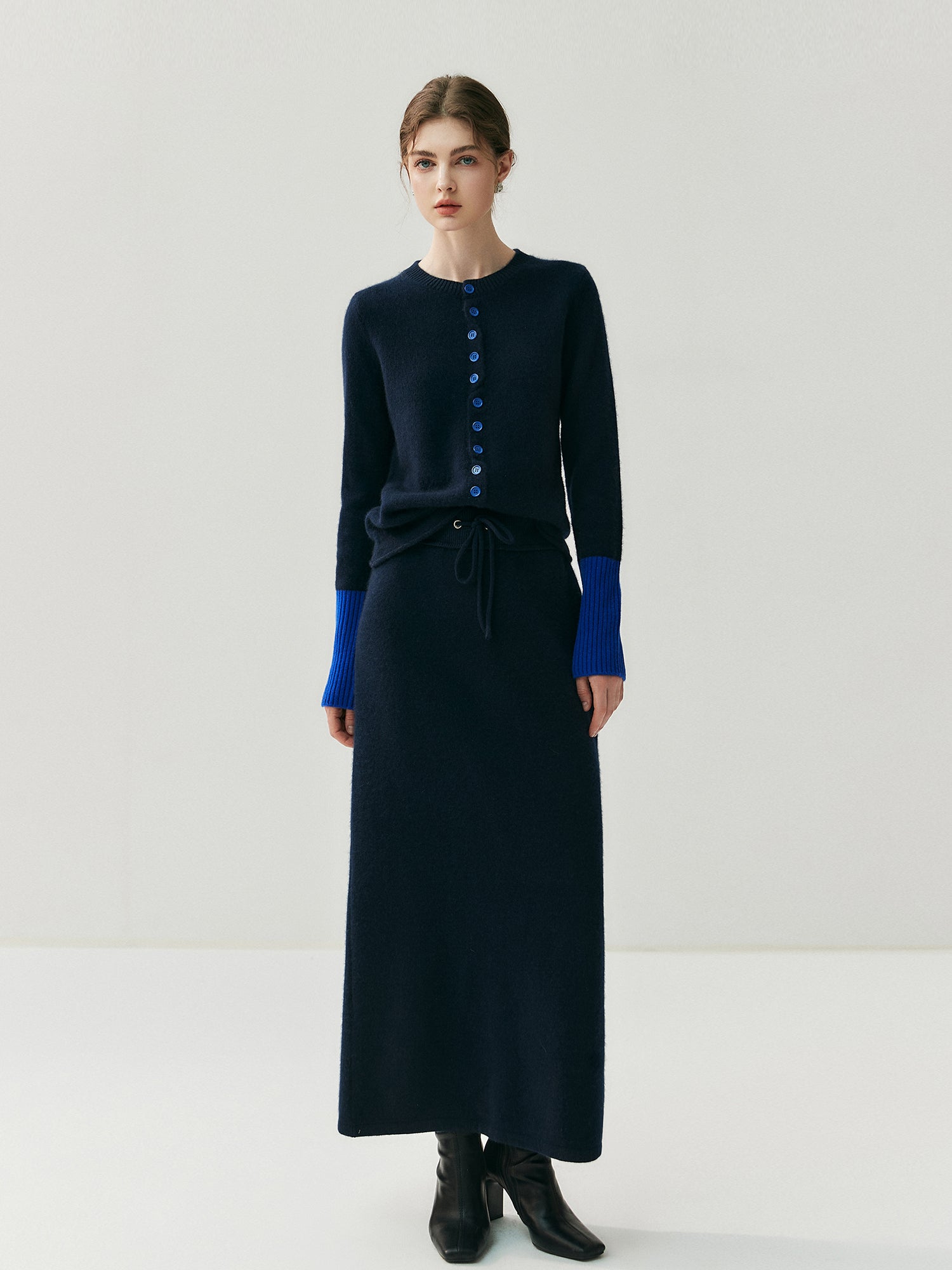 Baby Goat Cashmere Knit Cardigan for Women – Crew Neck Color-Block Wool Sweater Jacket