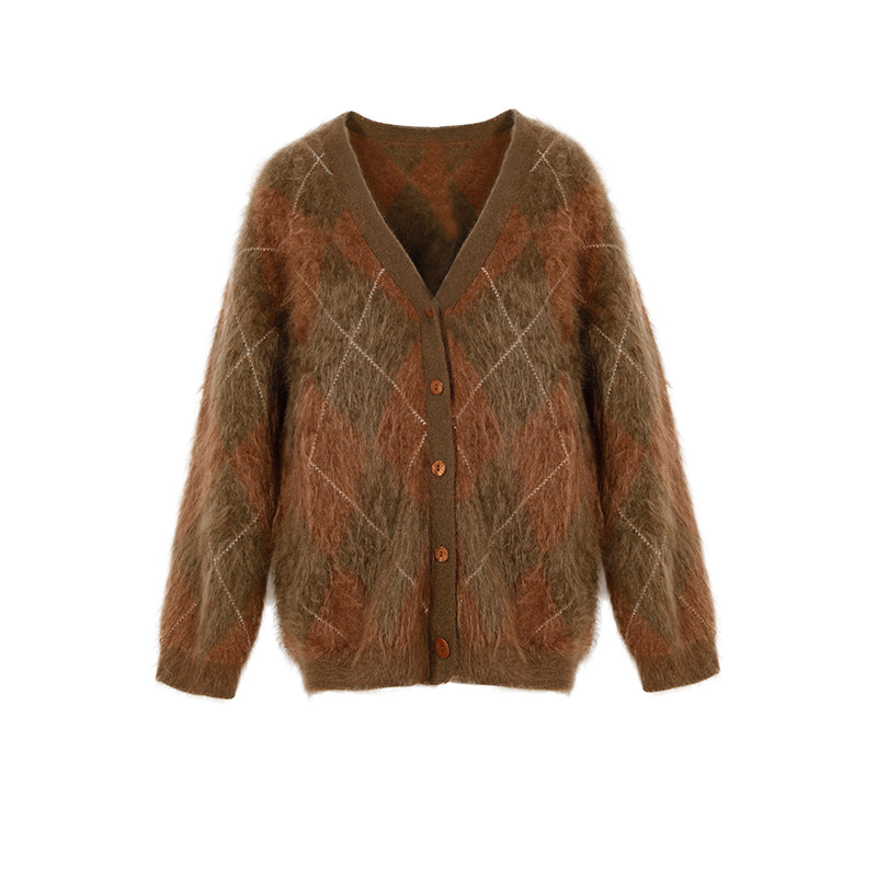 Heavyweight Brushed Knit Vintage Diamond-Pattern Cardigan for Women
