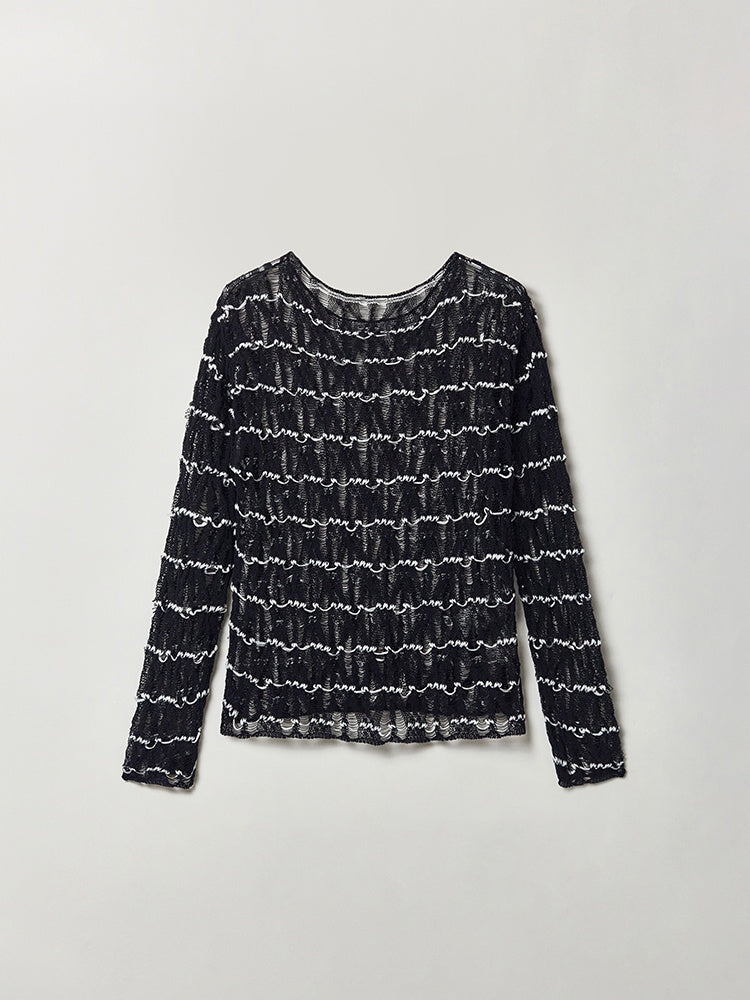 Nomadic Style Artisanal Hollow-Knit Boat Neck Top – Slimming Fit and Exquisite Craftsmanship