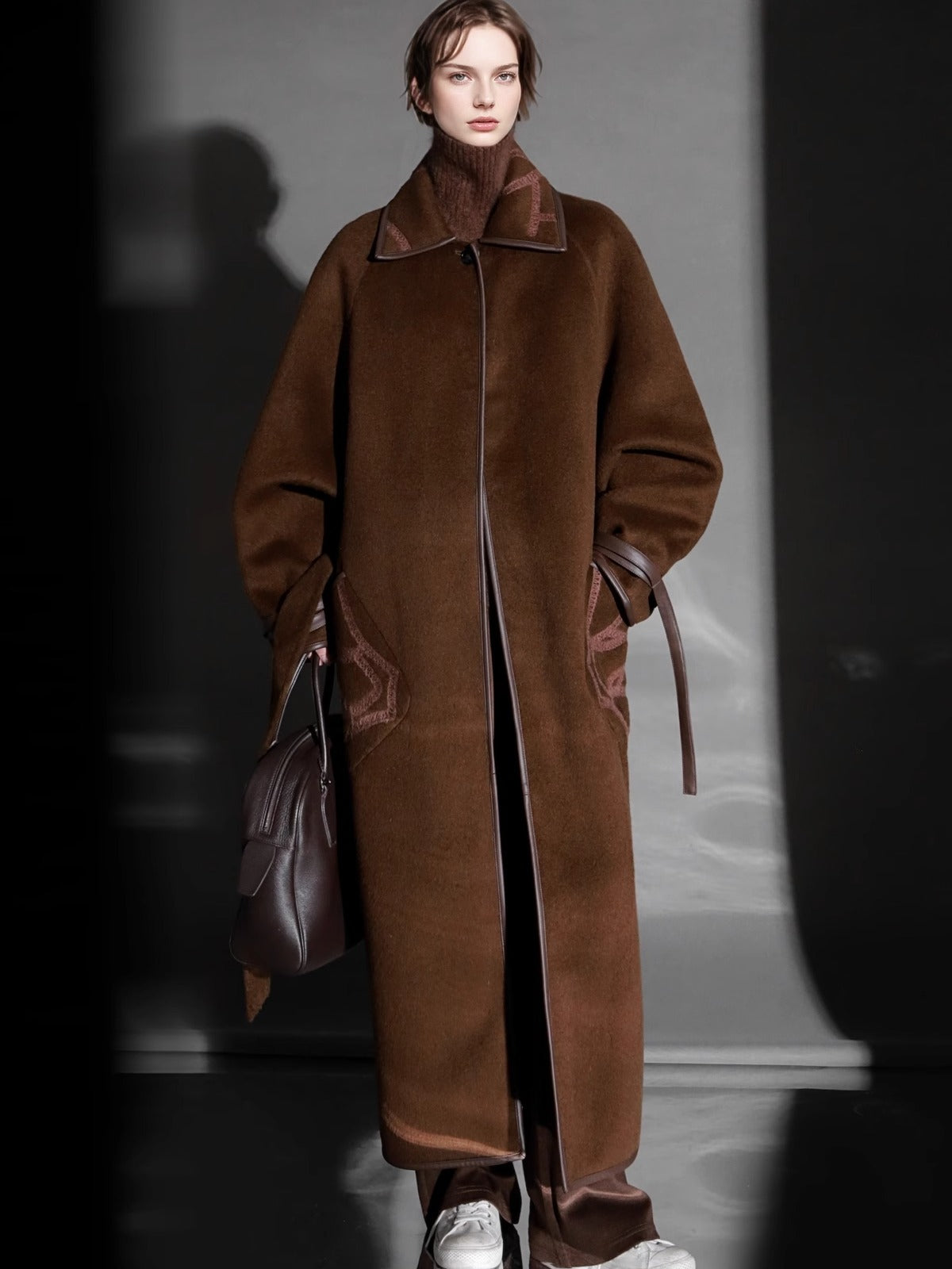 Chain Pattern Wool Coat for Women – Double-Faced Alpaca Wool Overcoat with Leather Trim, Chic Oversized Silhouette Winter Outerwear