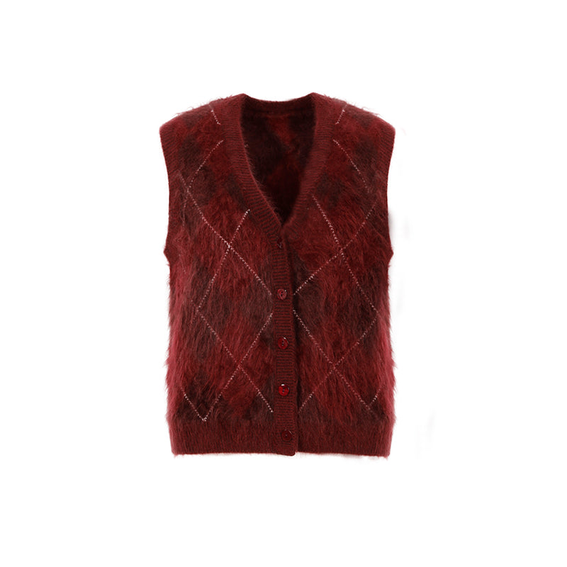 Heavyweight Brushed Knit Vintage Diamond-Pattern Sweater Vest for Women