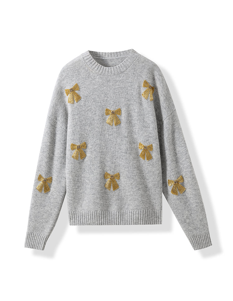 Christmas Collection Beaded Wool Sweater for Women – 100% Merino Wool Crewneck with Bow Detail