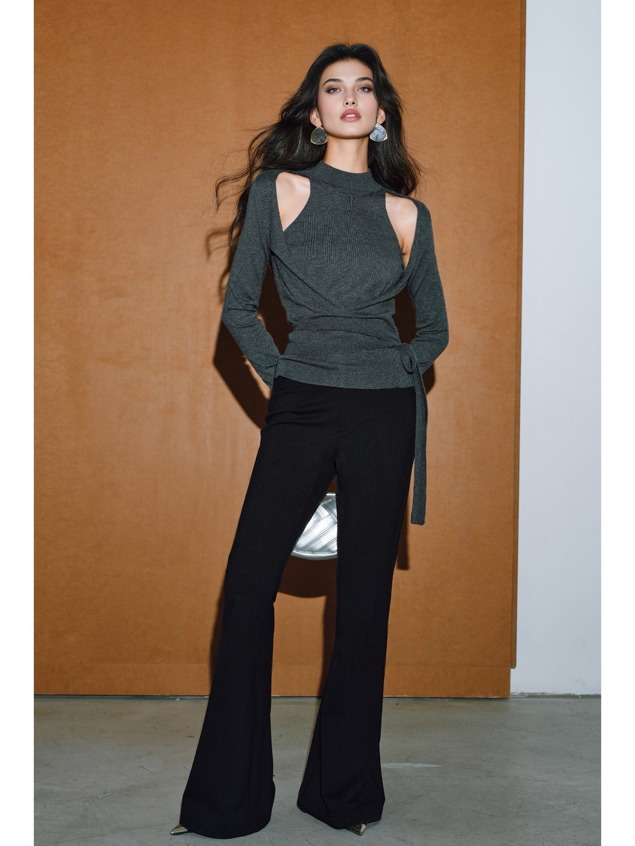 Ultra-Fine Australian Wool & High-Density Tencel Cross Tie Lazy Knit Sweater – Faux Two-Piece Design