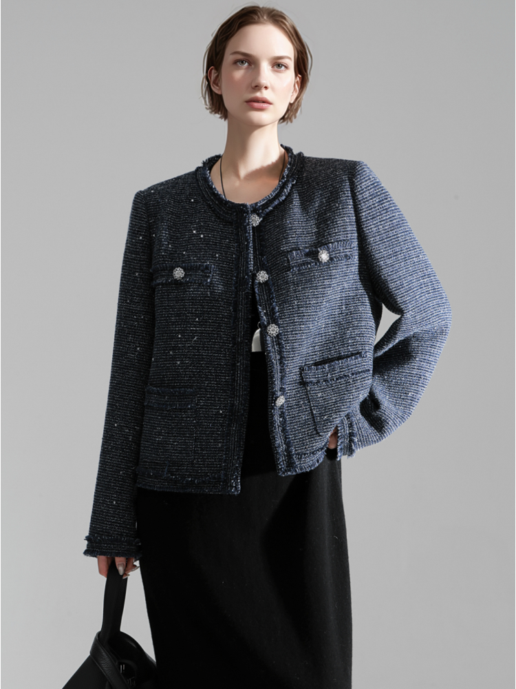 French Tweed Short Jacket for Women – Elegant Vintage Cropped Wool Blazer, Chic Textured Knit Coat for Autumn