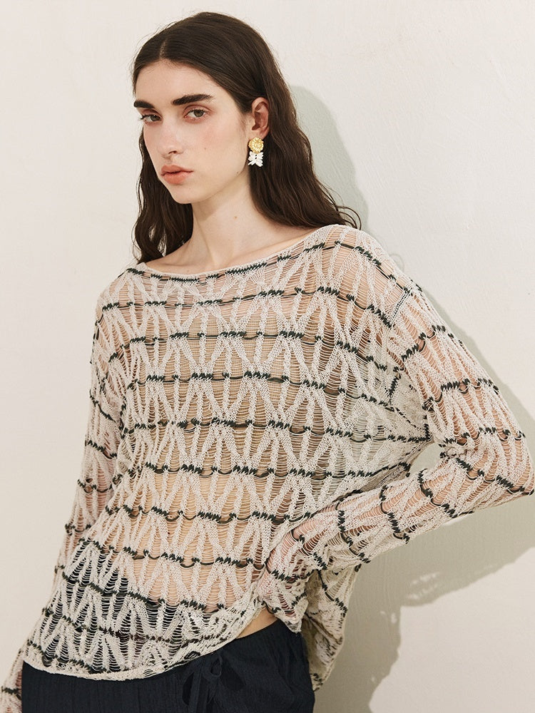 Nomadic Style Artisanal Hollow-Knit Boat Neck Top – Slimming Fit and Exquisite Craftsmanship