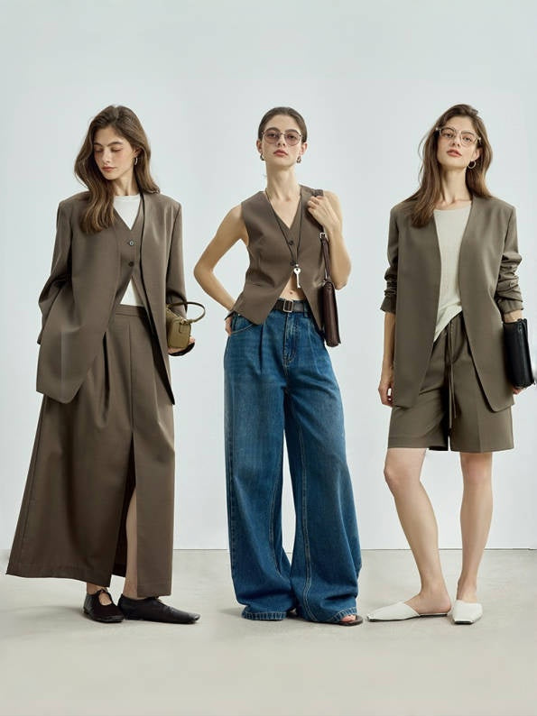Fine Wool Blazer, Vest, Shorts & Skirt Set – Light Luxury Early Autumn Ensemble (Sold Separately)