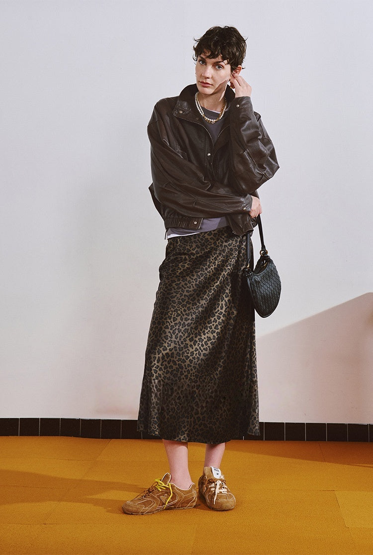 Vintage Leopard Print Skirt – 100% Mulberry Silk Crepe Satin in Bronze Tone