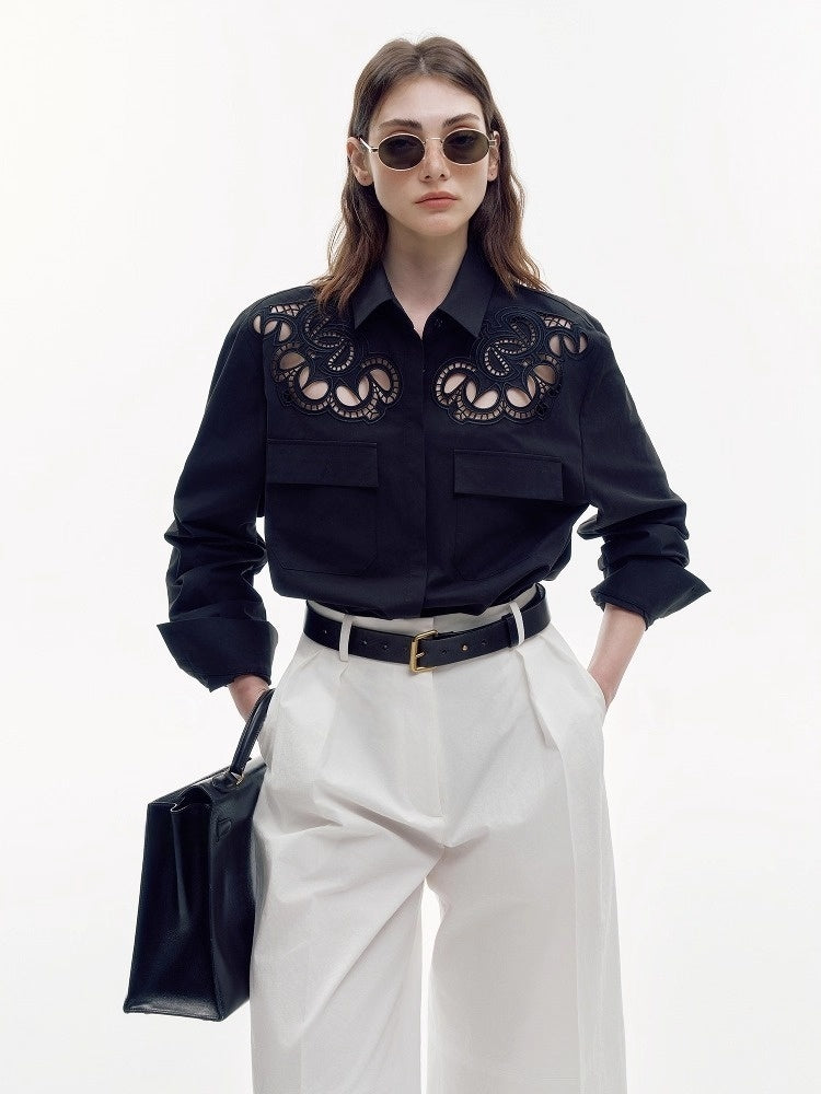 Luxury French Hollow Embroidered Cotton Blouse – Refined Craftsmanship, Elegant Summer Shirt