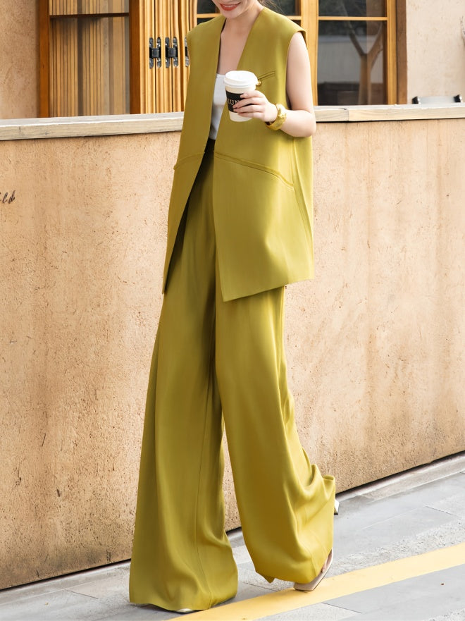 Mustard Yellow Acetate Vest + Wide-Leg Pants Two-Piece Set