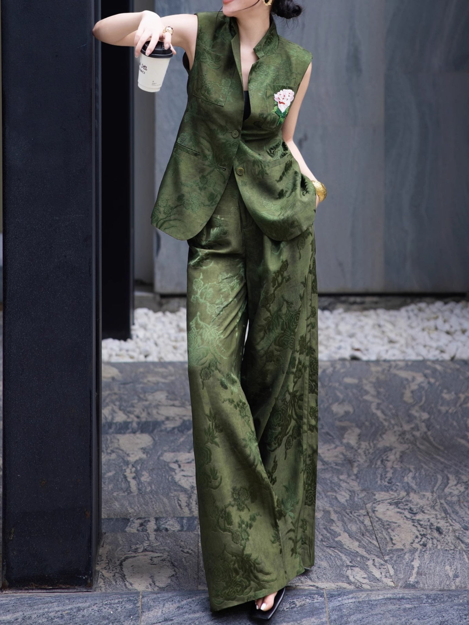 Acetate Jacquard Vest + Wide-Leg Pants Set
