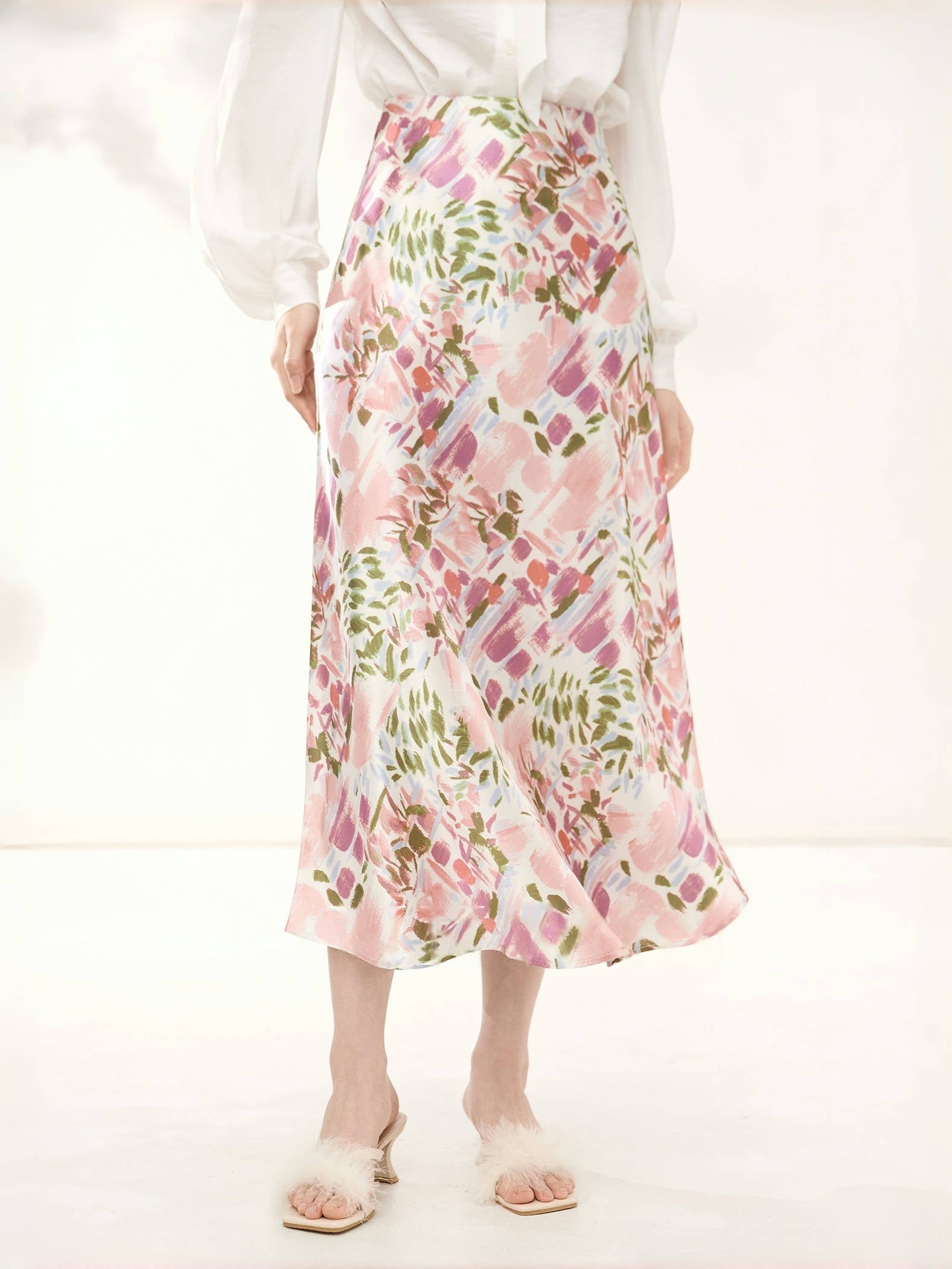 Mulberry Silk A-Line Skirt – High-Waisted Floral Print Design