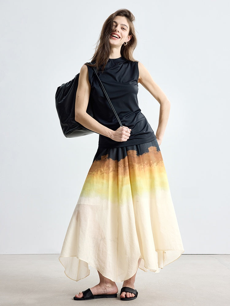 Artistic Gradient Sunset Print Tencel Pleated Skirt with Flared Hem