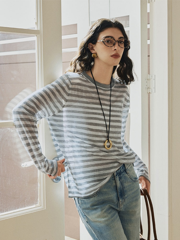 French Sheer Breton Knit Top – Lightweight Linen Lyocell Blend, Breathable & Relaxed Fit