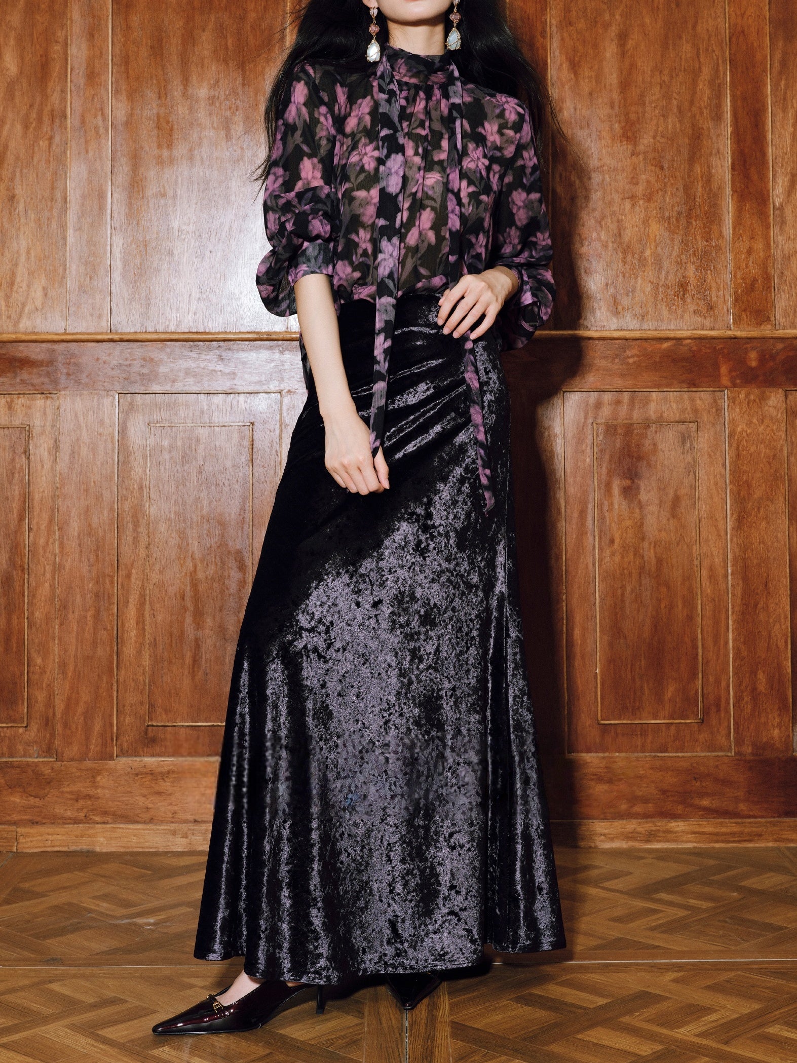 Luxury 100% Acetate Diamond-Velvet Skirt for Women — Bias-Cut Draped Fishtail French-Style Midi Skirt