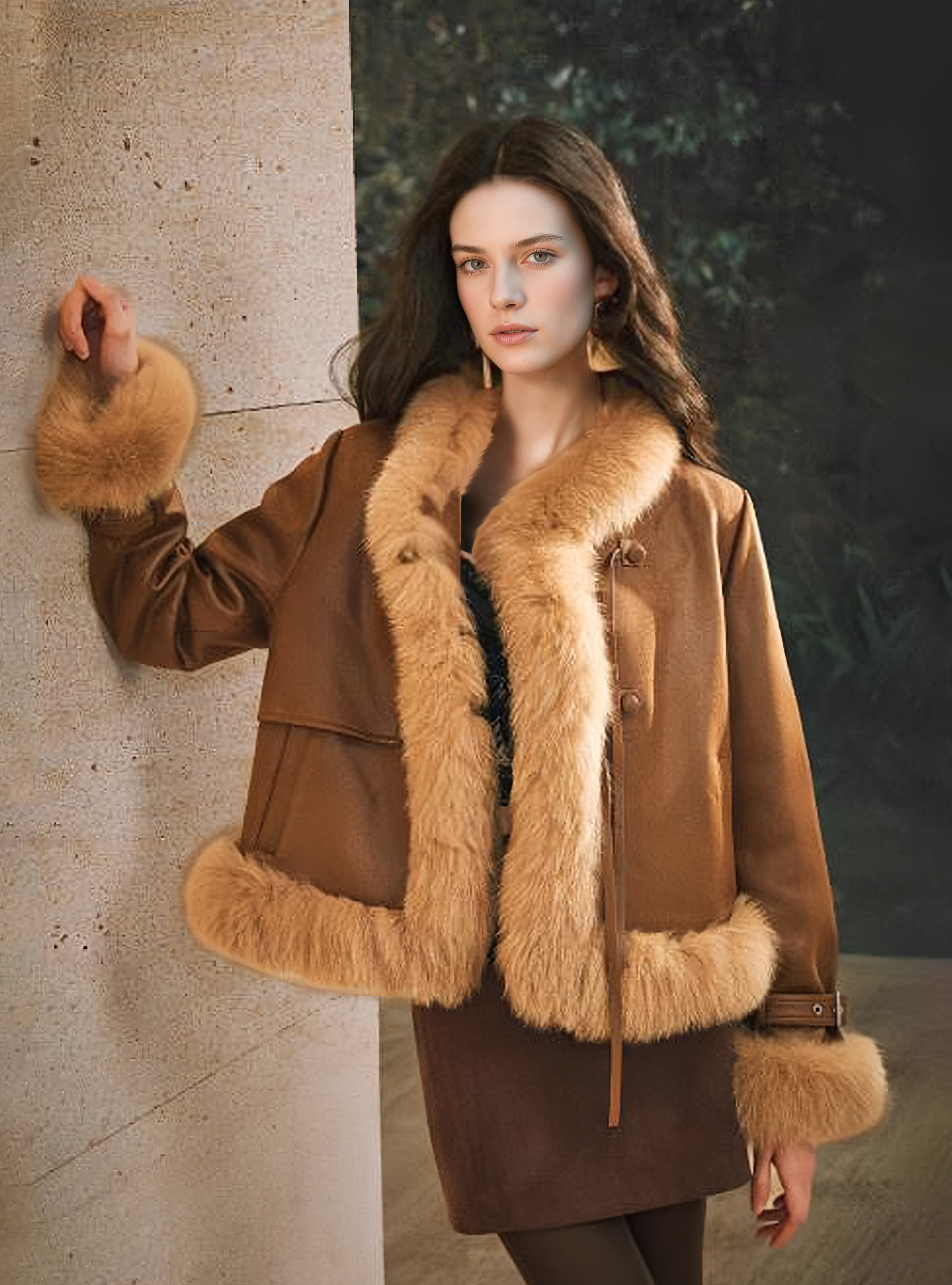 Lightweight Stretch Suede Jacket for Women – 90% White Goose Down with Natural Fox Fur Trim