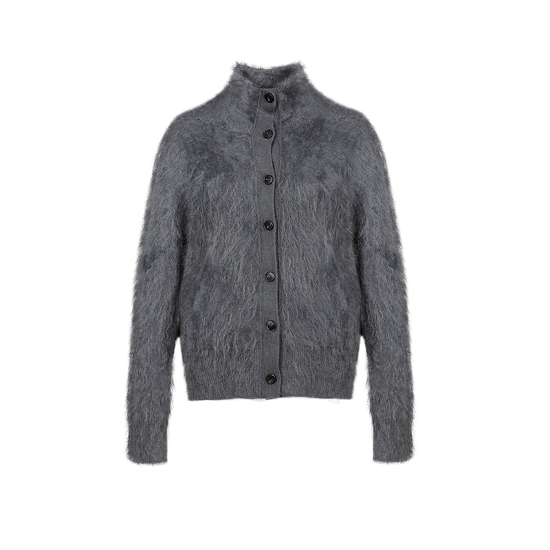 Premium Brushed  Cashmere 100% Stand-Collar Button Cardigan for Women