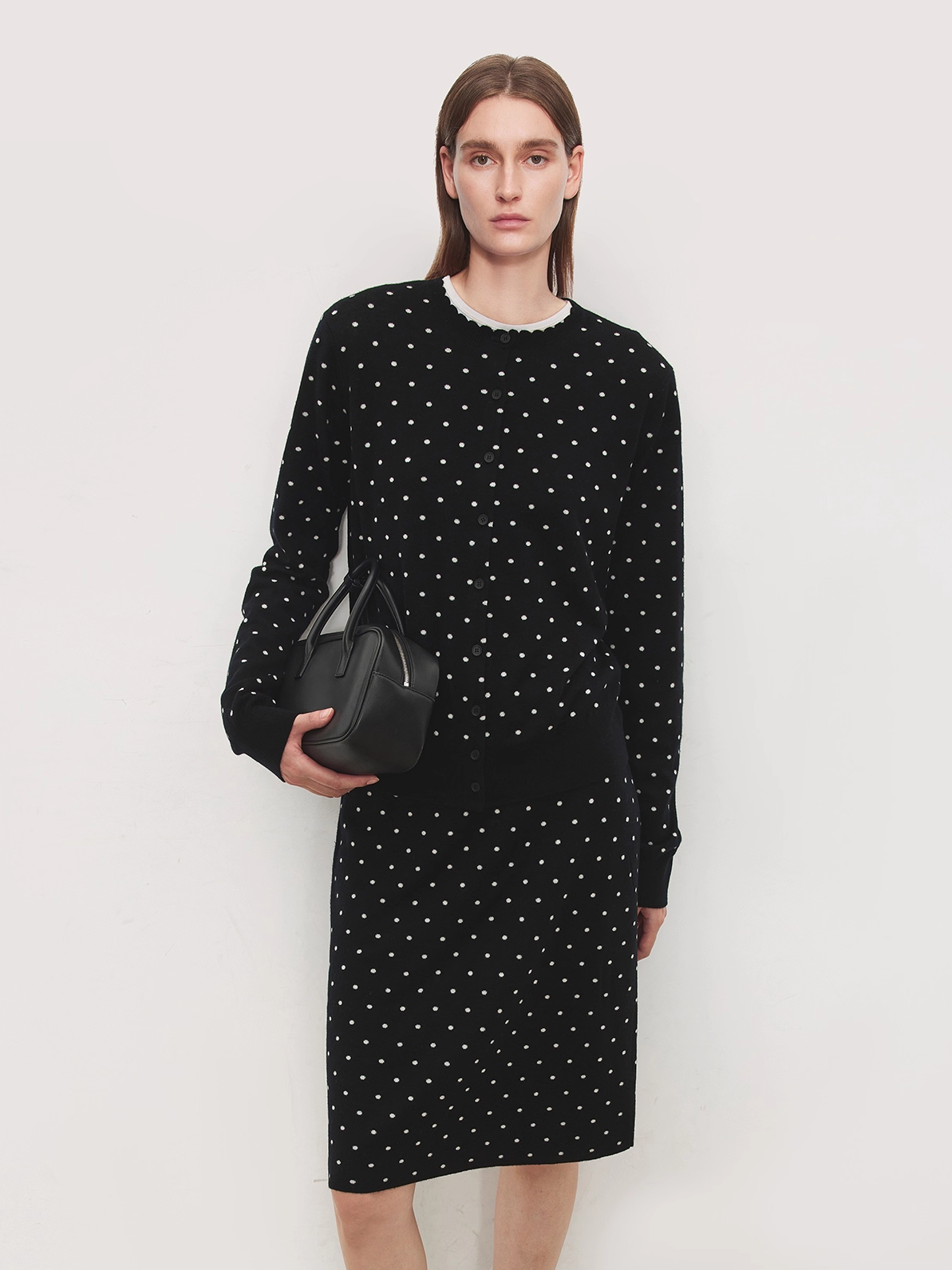 Vintage Double-Layer Jacquard Polka Dot Cardigan | Mercerized Wool Petal-Collar Knit