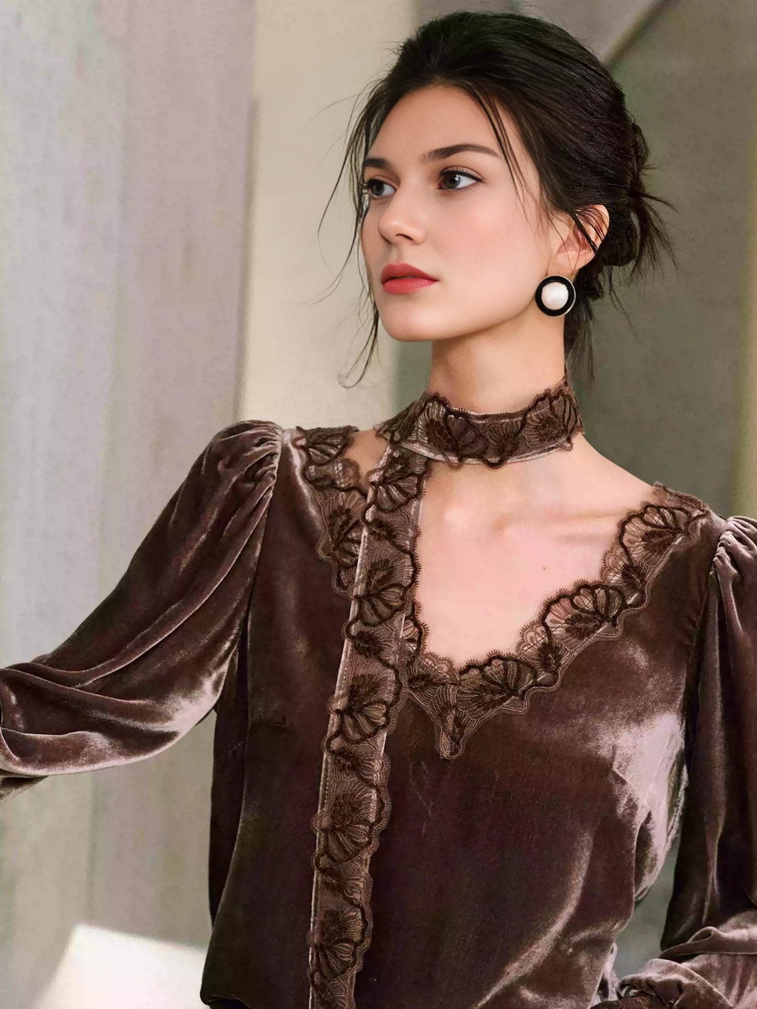 Soft Glow Silk Velvet Top – Eyelash Lace Trim, Tie-Neck Detail, Loose Fit Bell Sleeves