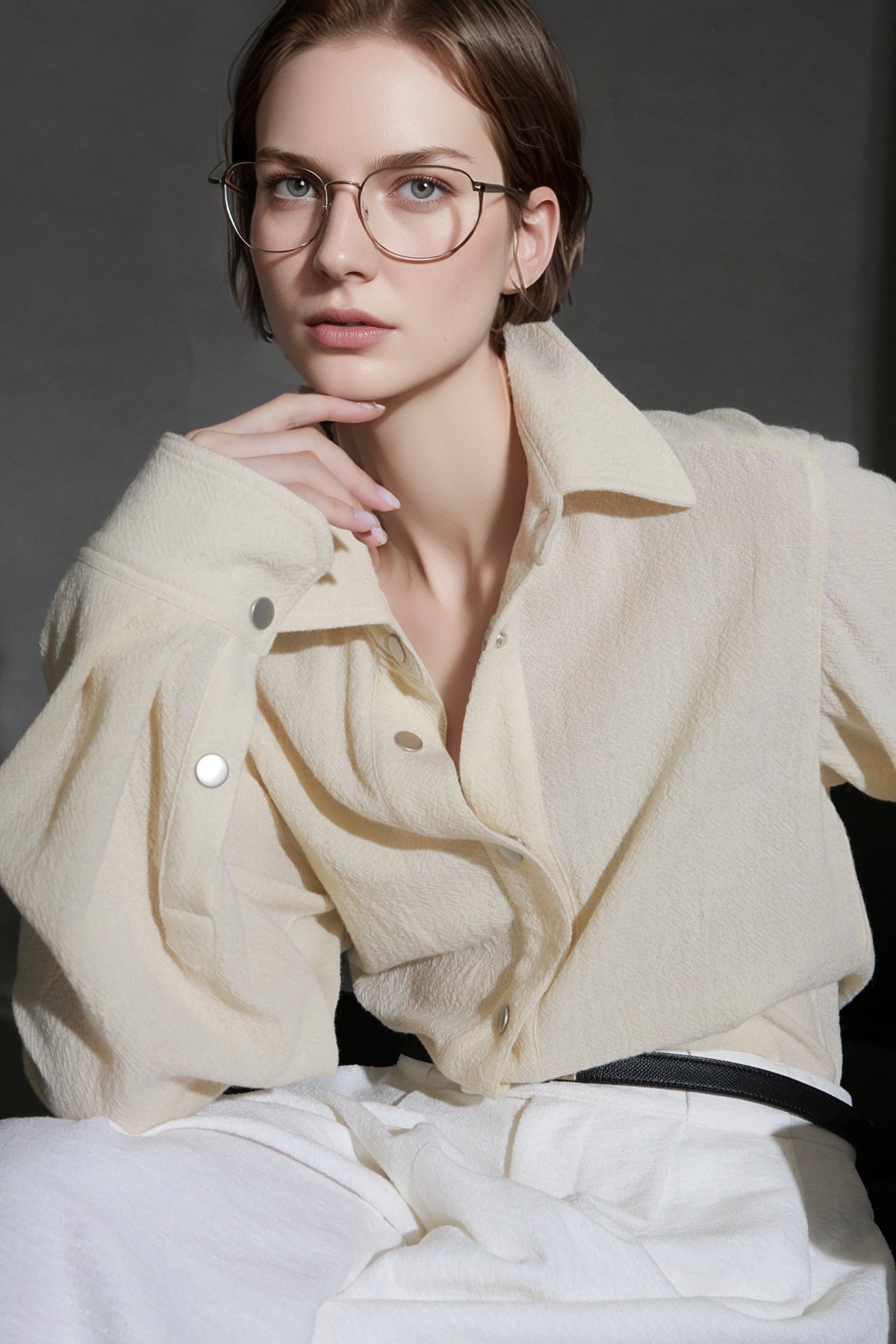 Old Money Style Wool Textured Shirt for Women – Luxury Fitted Button-Up Blouse with Metal Details, Fall Winter Collection