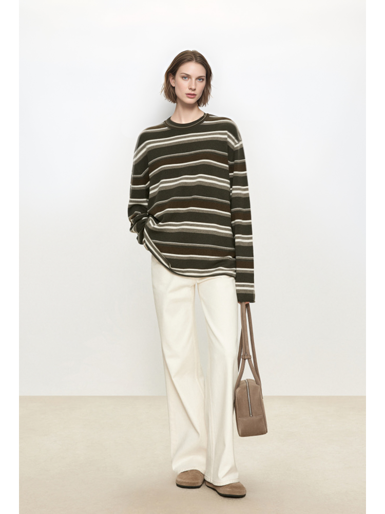 Wide Stripe Wool Knit Sweater for Women – Soft and Cozy Round Neck Pullover for Autumn/Winter