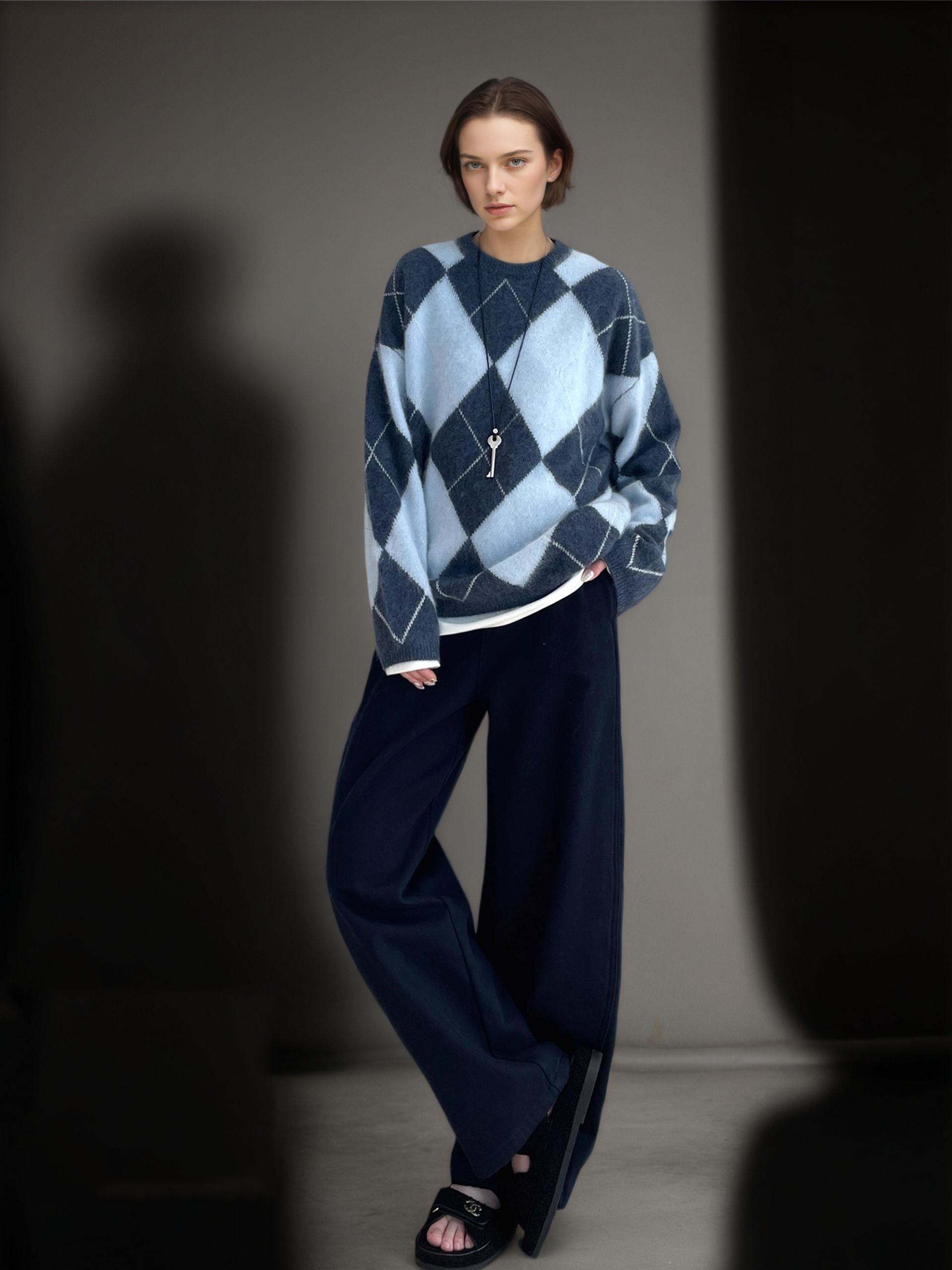 Women’s Wool Cashmere Argyle Knit Sweater | Loose Fit British Style Pullover for Fall Winter