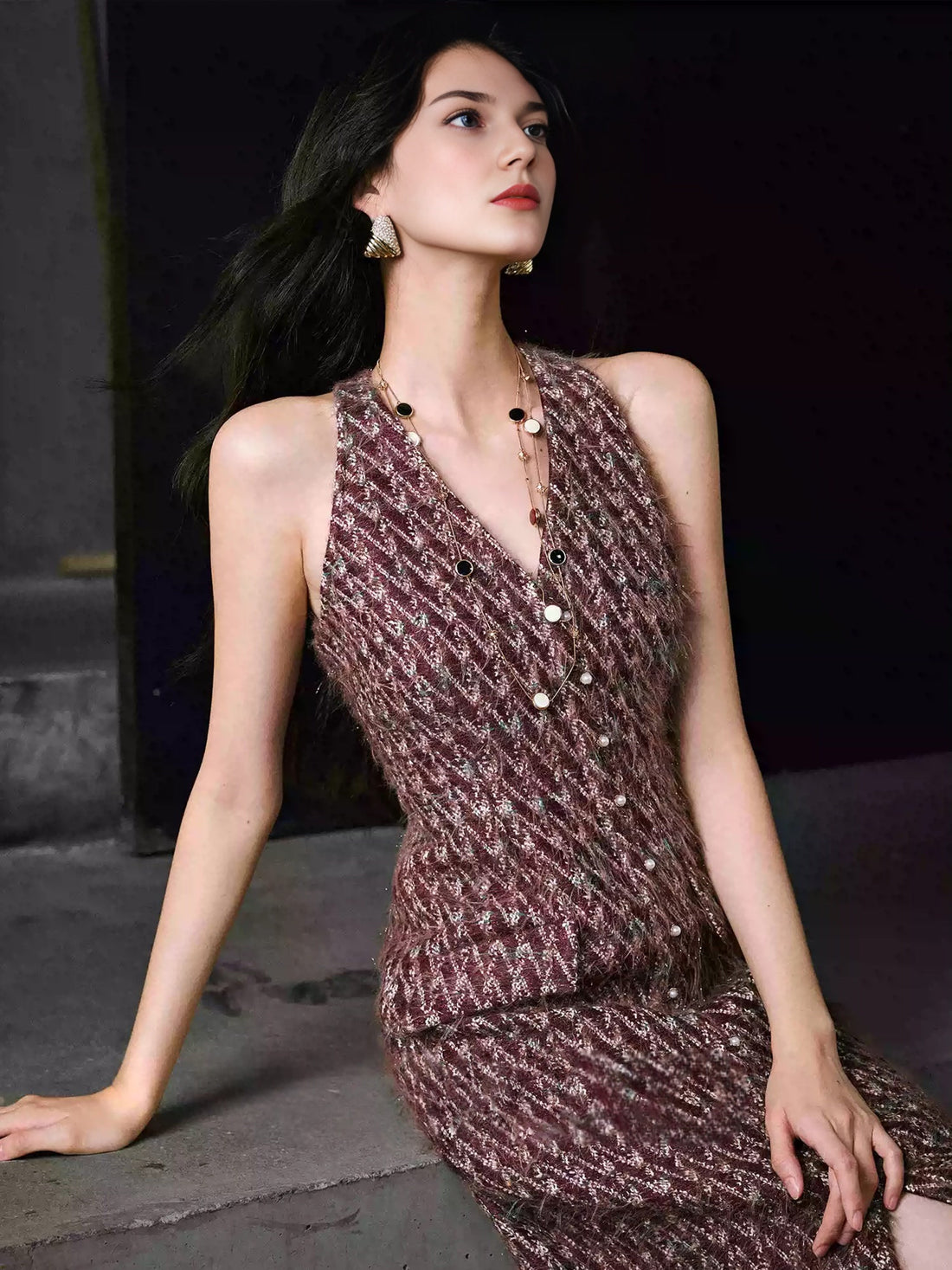 Luxury Wool Jacquard Tweed Set – Long-Hair Color-Yarn Bouclé Short Boxy Jacket & Halter Dress