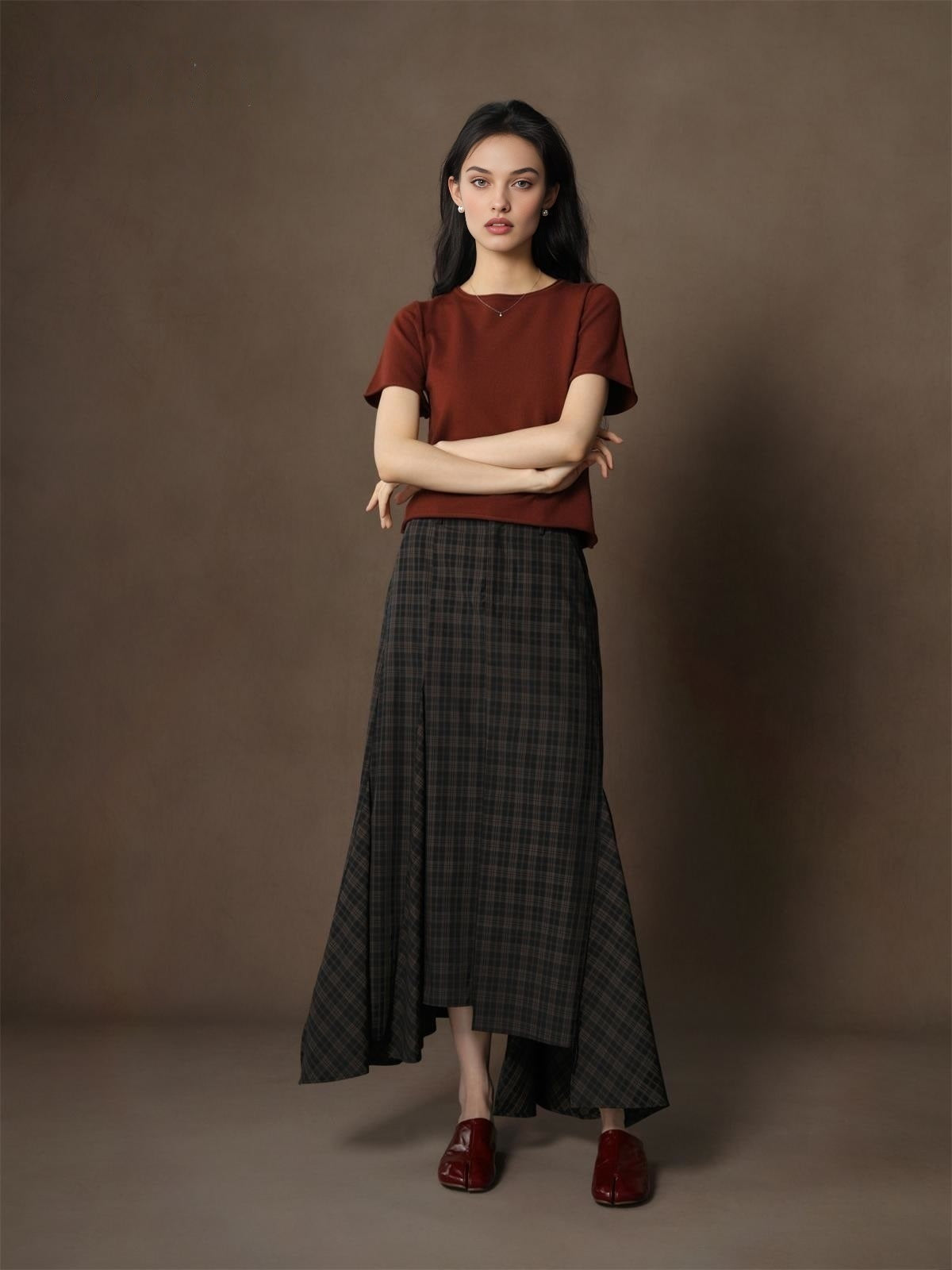 Designer Autumn Old Money Style Asymmetrical Fish Tail Plaid Midi Skirt - Lightweight Long-Length
