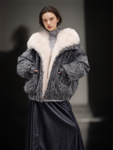 Women’s Wool-Blend Down Coat with  Fox Fur Collar | 90% White Goose Down Winter Jacket