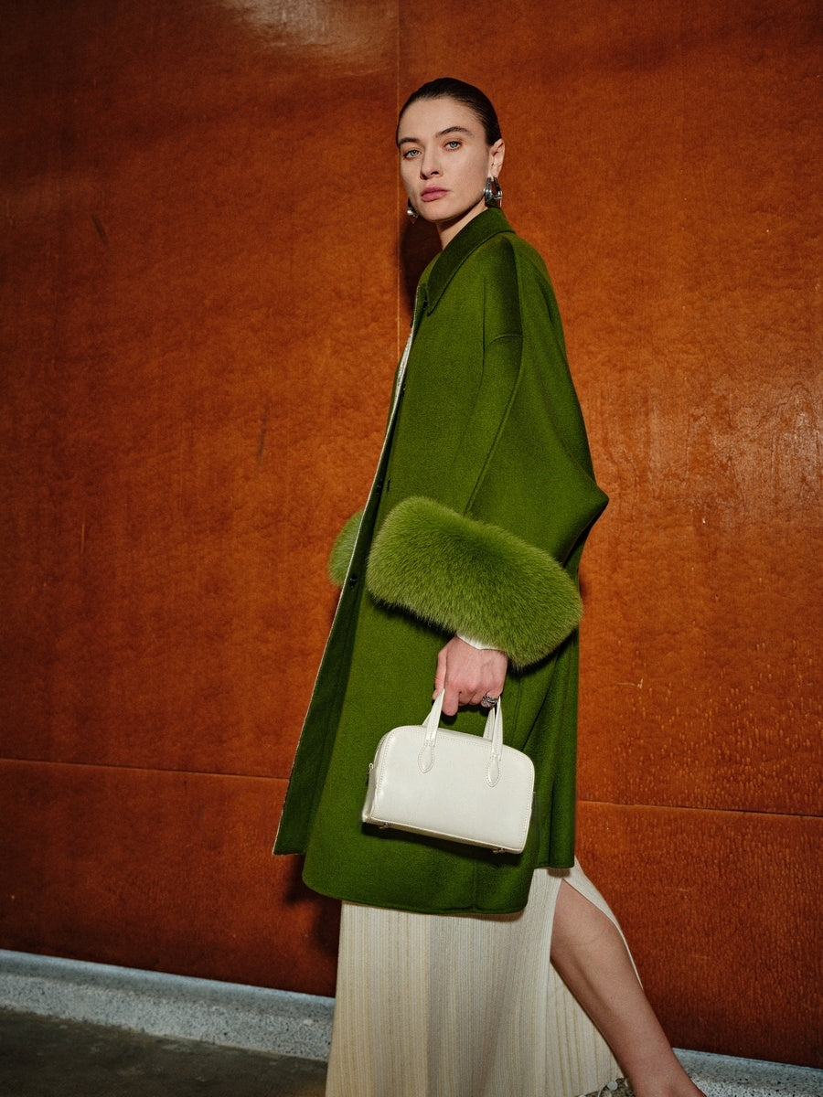 20% Cashmere Double-Faced Wool Coat for Women – Detachable Fox Fur Cuff Mid-Length Overcoat “Tokyo Radiance” in Vintage Green