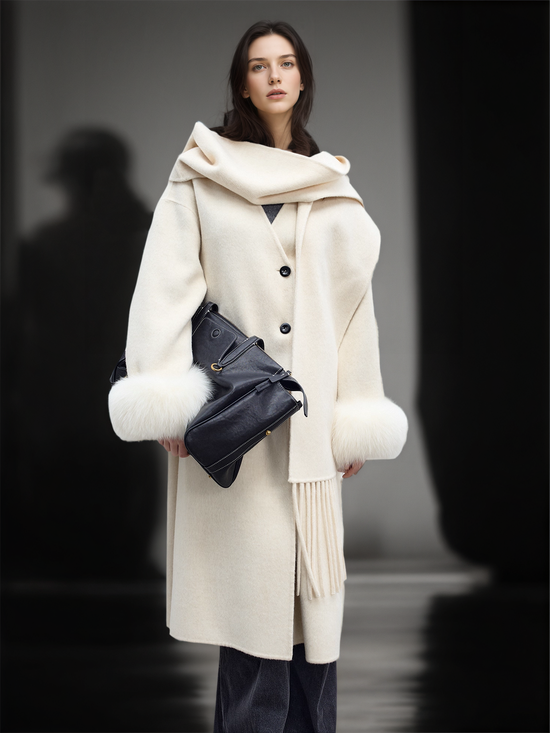 Women’s Long Double-Faced Wool Coat with Fox Fur Cuffs and Fringe Scarf | Fall Winter Overcoat