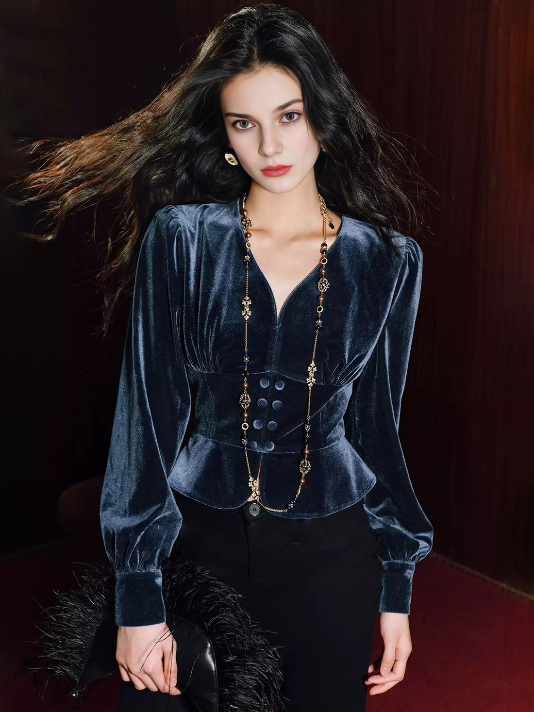 Shimmer Velvet Party Top for Women – Tailored Puff-Sleeve French V-Neck Ruched Short Blouse