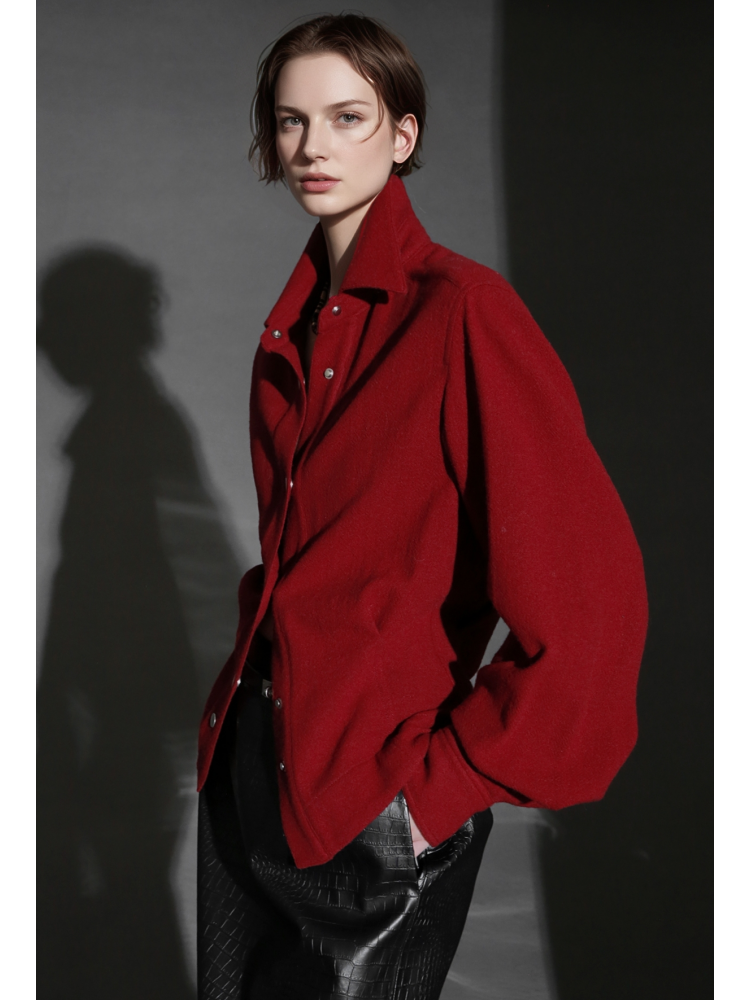 Old Money Style Wool Textured Shirt for Women – Luxury Fitted Button-Up Blouse with Metal Details, Fall Winter Collection