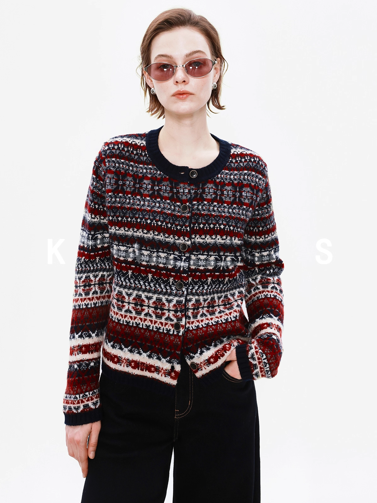 Bohemian Artist Vintage Literary 100% Wool Fair Isle Heavy Jacquard Knit Cardigan for Women