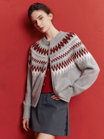100% Wool Fair Isle Zip-Up Sweater for Women – Winter Knitted Cardigan