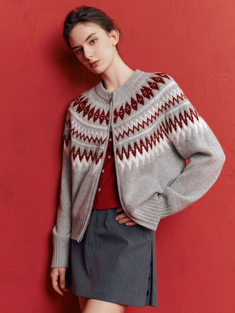100% Wool Fair Isle Zip-Up Sweater for Women – Winter Knitted Cardigan