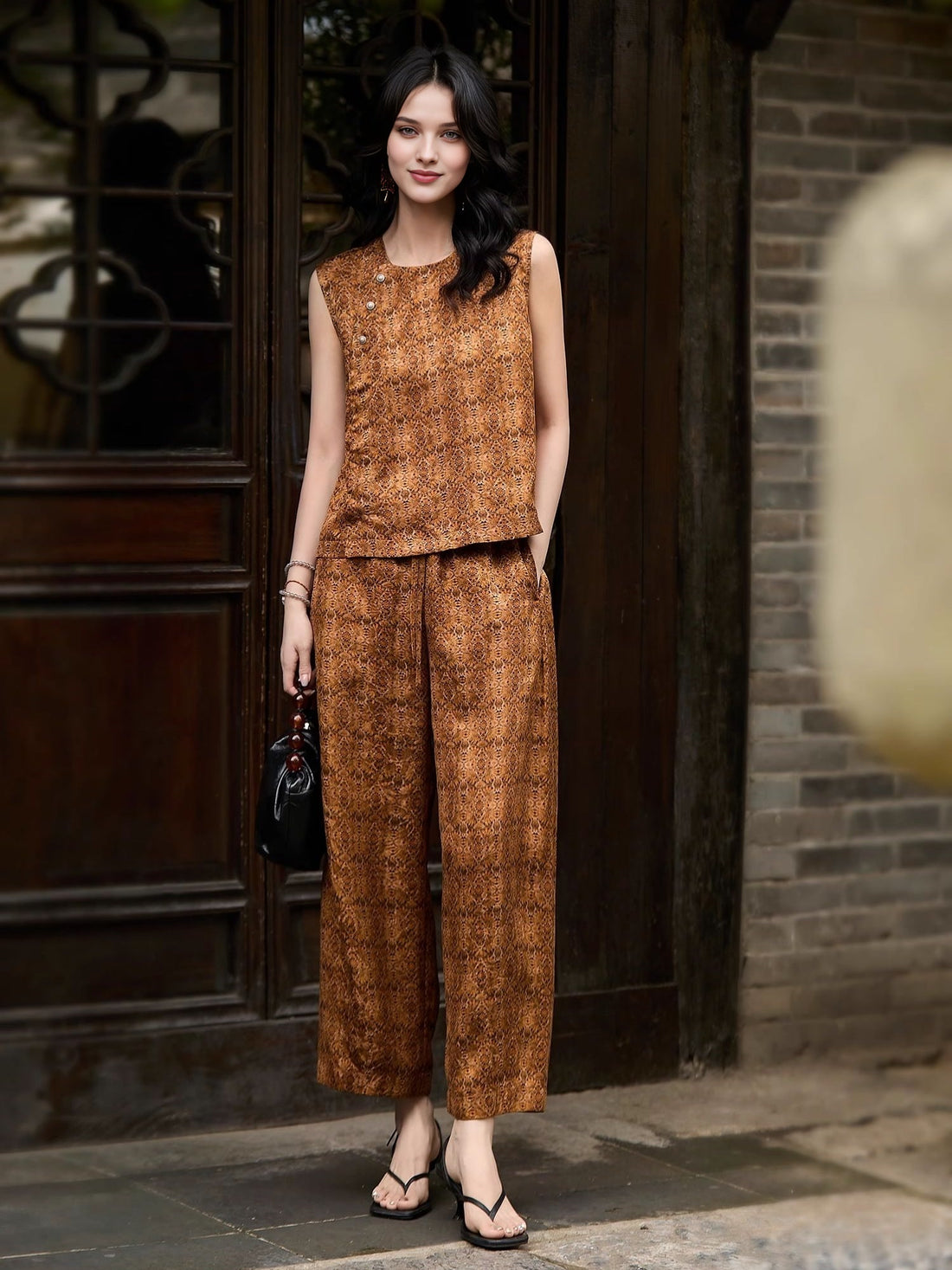 Auspicious Butterfly Jacquard Cocoon Pants in 23 Momme Gambiered Guangdong Silk