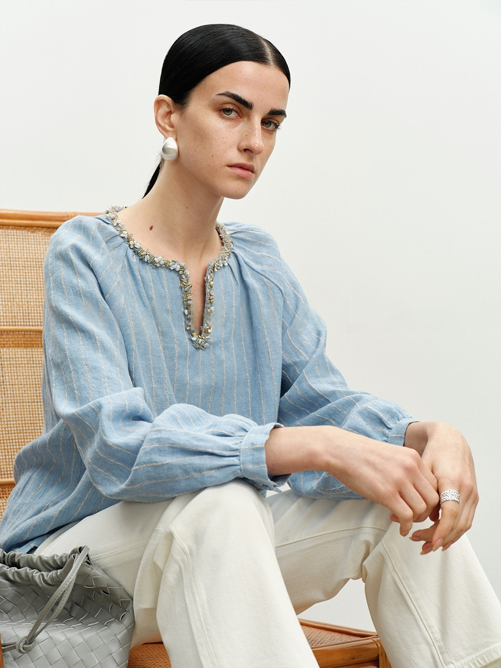 Luxury Linen Striped Shirt – Handcrafted Loose Fit Casual Shirt with Gold Glitter Collar for Women