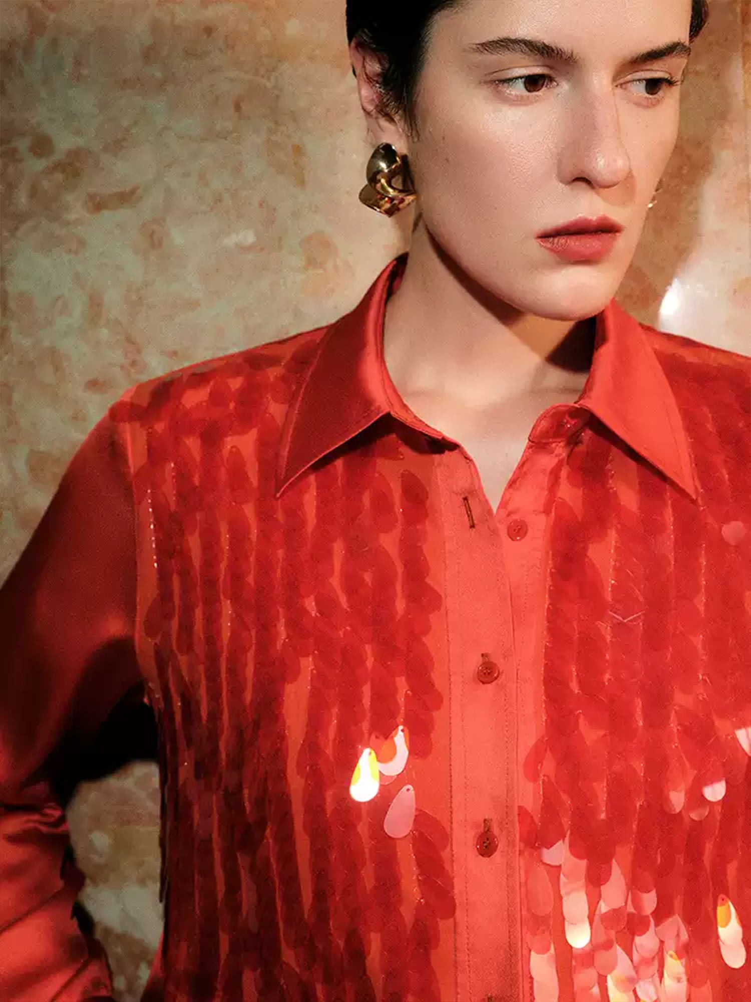 Red Christmas Party Satin Shirt with Teardrop Sequin Embellishments