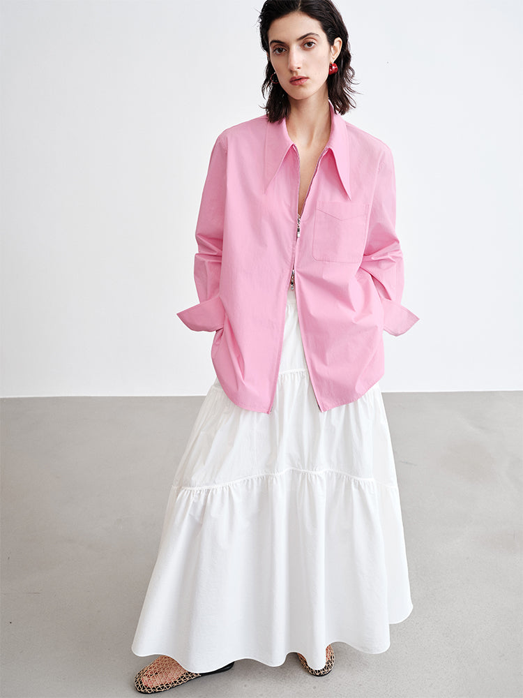 Double Zipper Sharp-Collar Shirt | High-Density Slim Fit Paper-Feel Commuter Blouse for Women