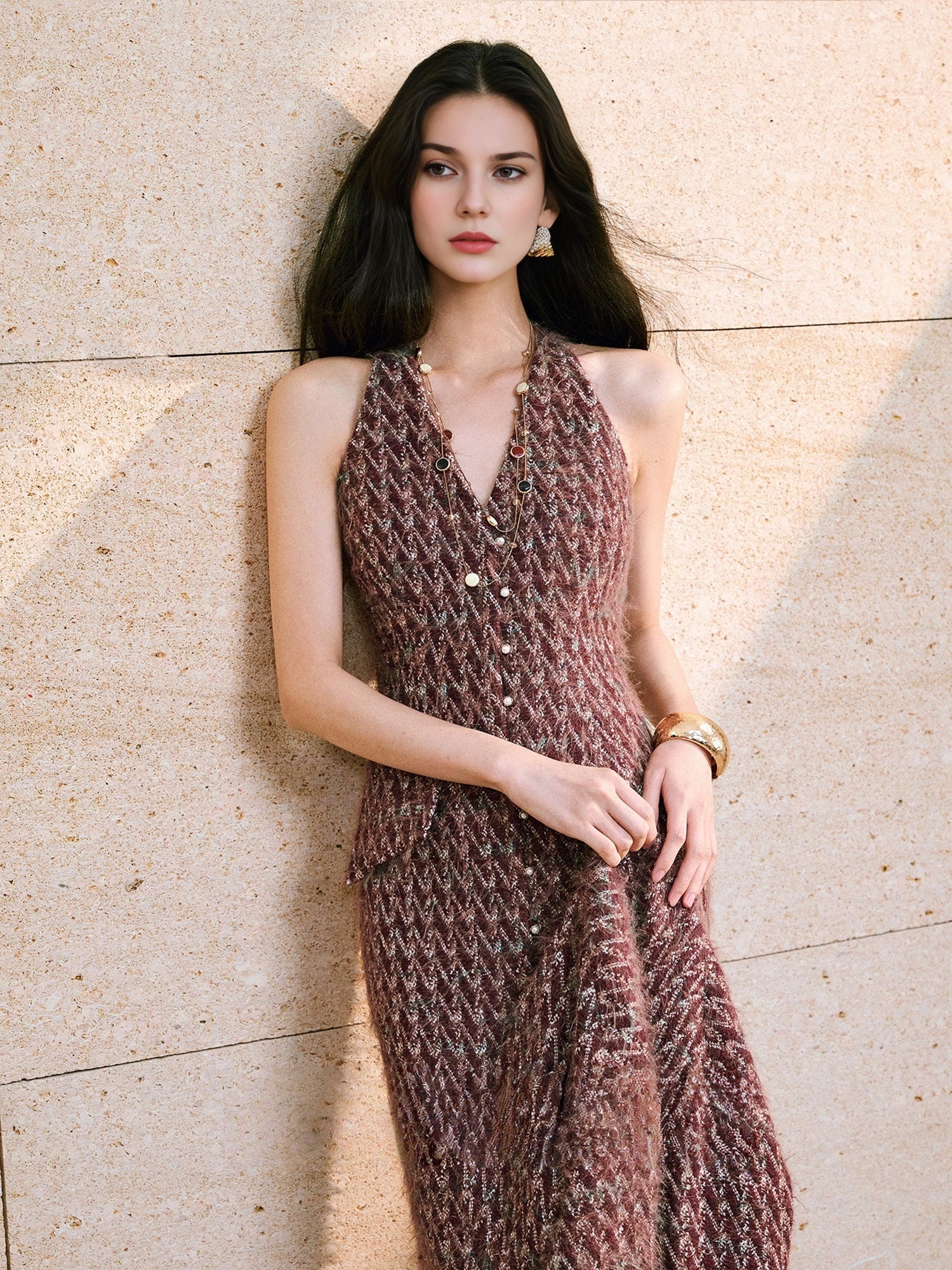 Luxury Wool Jacquard Tweed Set – Long-Hair Color-Yarn Bouclé Short Boxy Jacket & Halter Dress