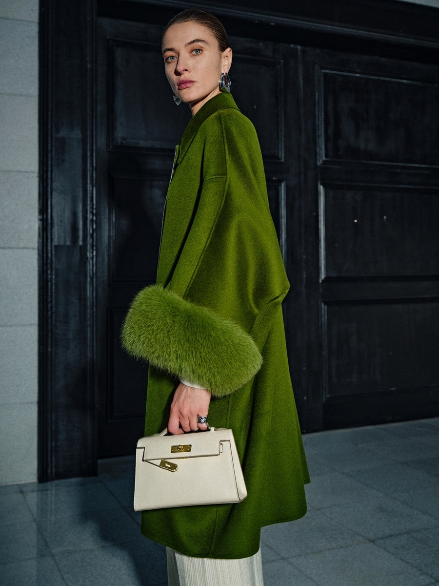 20% Cashmere Double-Faced Wool Coat for Women – Detachable Fox Fur Cuff Mid-Length Overcoat “Tokyo Radiance” in Vintage Green