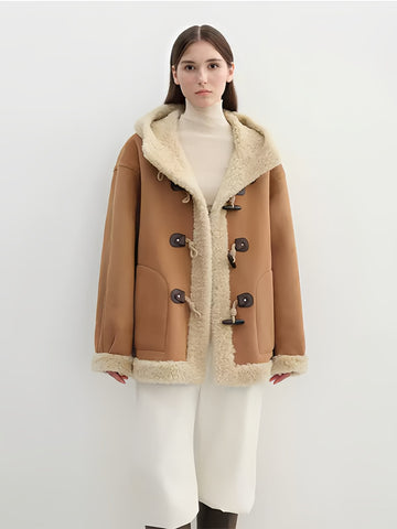 Color-Contrast Shearling Hooded Coat for Women — Mid-Length Faux Sheepskin Jacket with Raw-Edge Trim