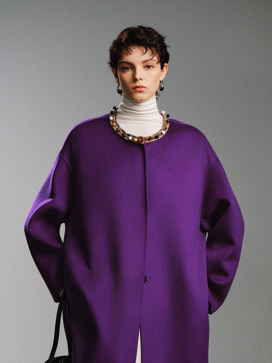 20% Cashmere Original Design Double-Faced Wool Coat for Women – Beaded Embellished Mid-Length Overcoat