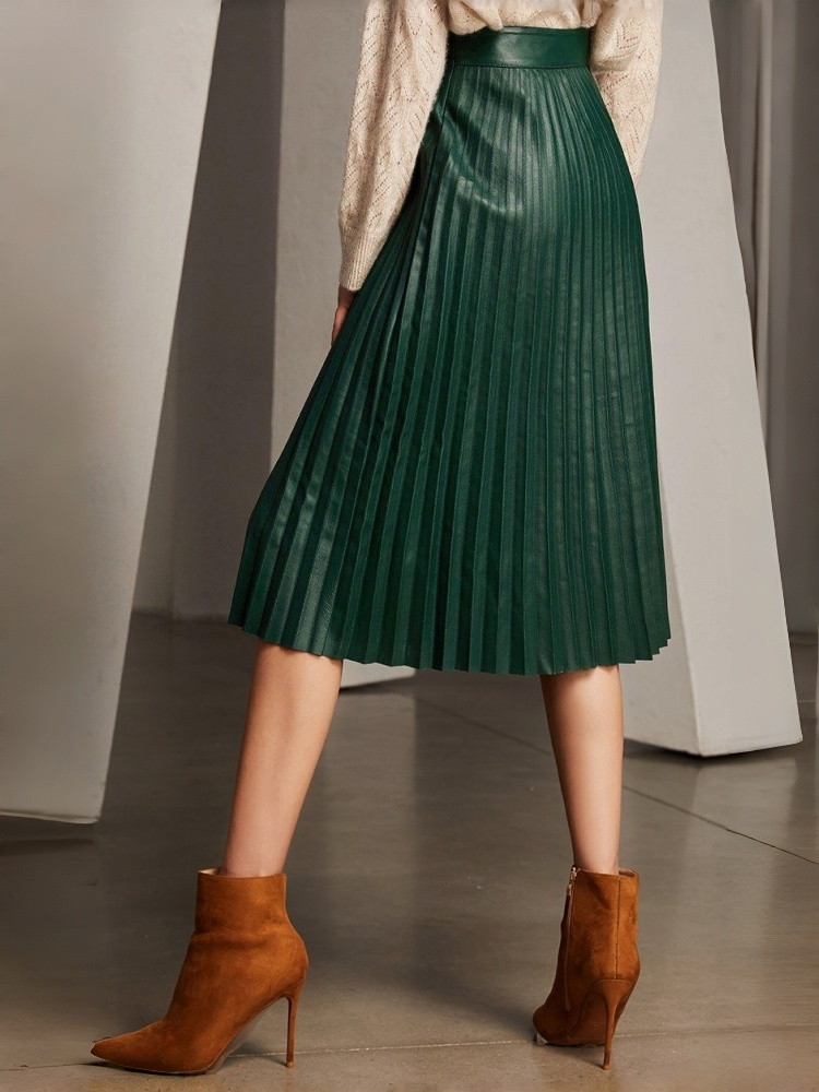 Women's Elegant Vintage High-Waisted Lambskin Leather Pleated Midi Skirt – Luxury Genuine Leather Skirt