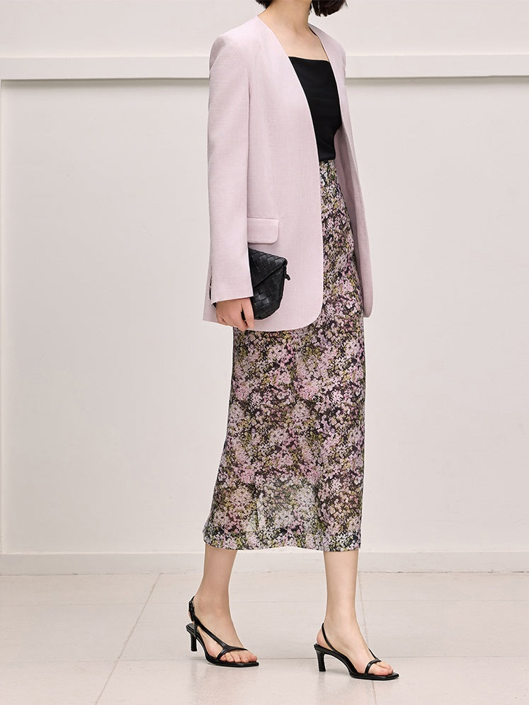 Sheer Acetate Floral Pencil Skirt – Pink High-Waist Midi with Back Slit, Fall Collection