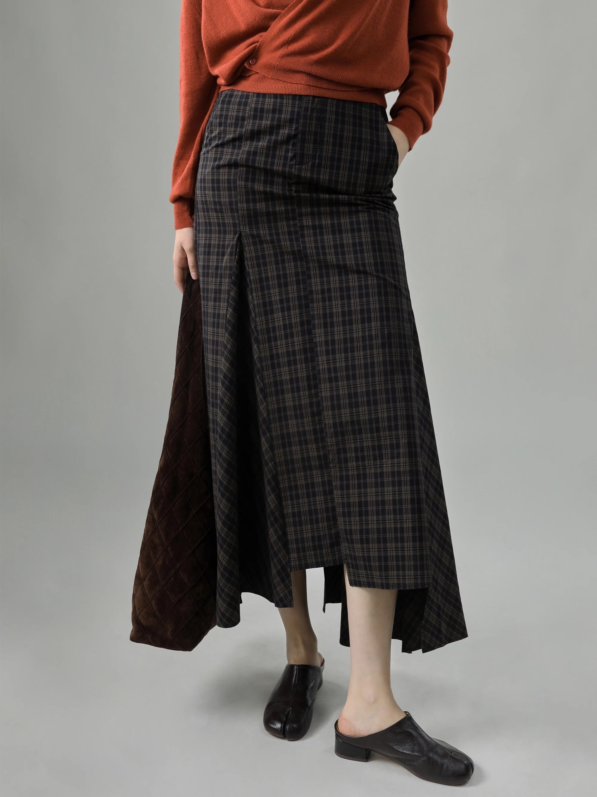Designer Autumn Old Money Style Asymmetrical Fish Tail Plaid Midi Skirt - Lightweight Long-Length