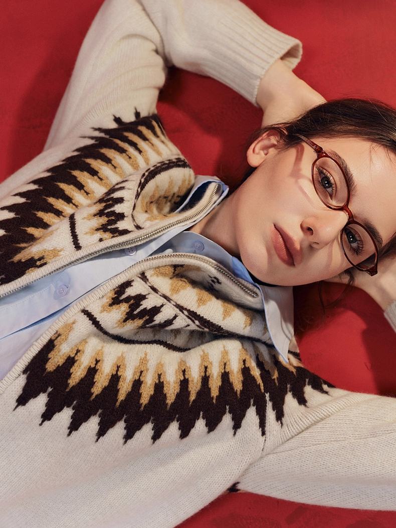 100% Wool Fair Isle Zip-Up Sweater for Women – Winter Knitted Cardigan