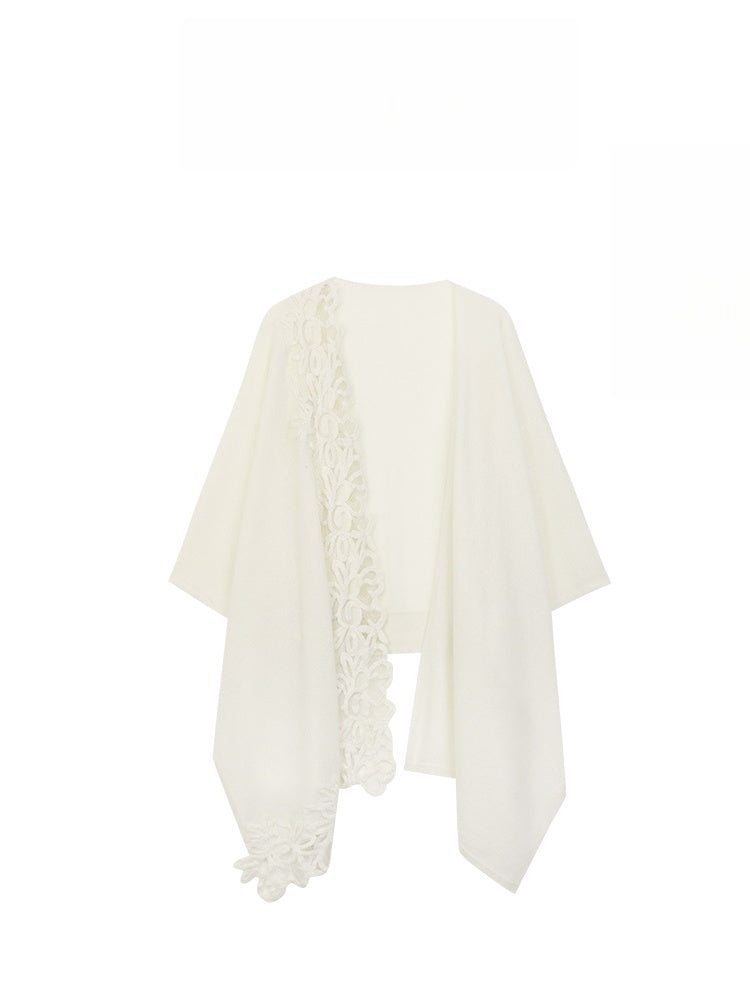 Luxury Quiet-Luxury Merino Wool Cape Shawl with Latte Art Pattern – Soft Elegant Poncho Wrap